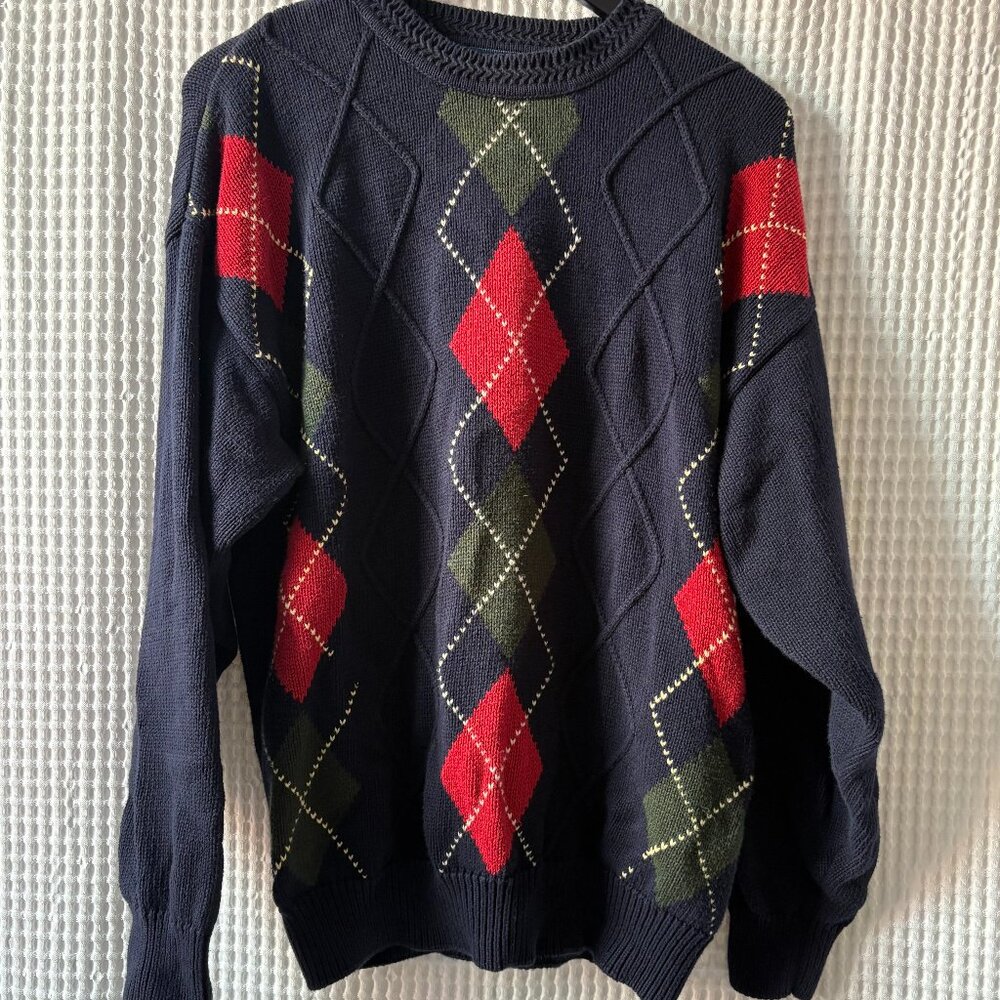 Woods & Gray men's large navy cotton argyle 90s grandpacore sweater preppy ivy